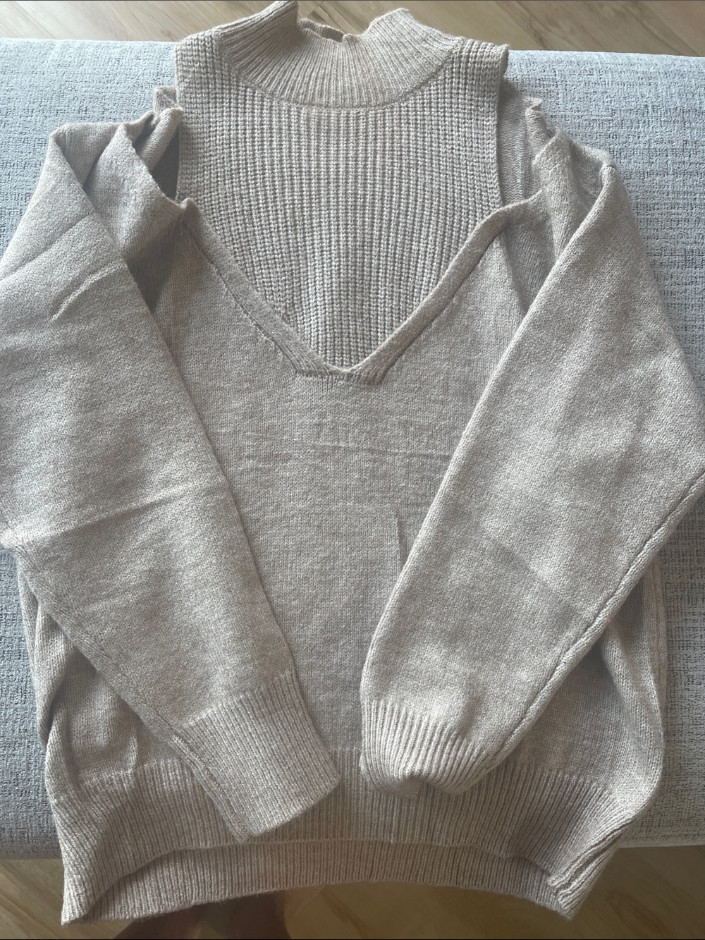 Amazon Women's Beige Off-the-Shoulder V-Neck Knit Sweater